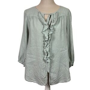 Cut Loose Sage 100% Linen Ruffle Front Tie Neck Blouse Top sz  L Lagenlook Coast